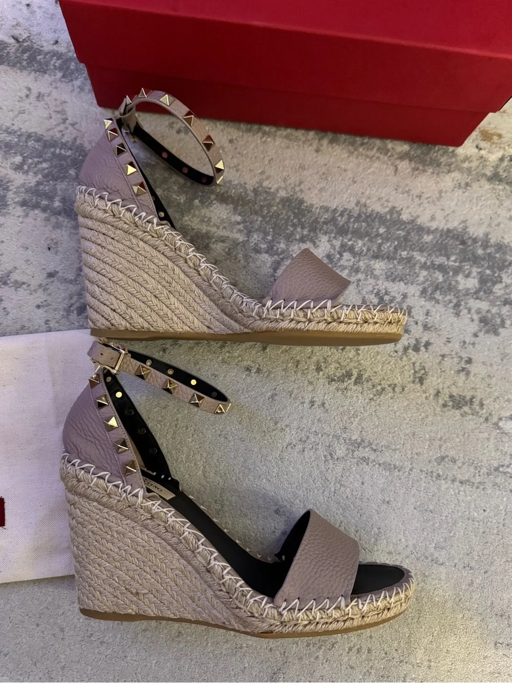 🆕 Valentino Garavani Double Rockstud Grainy Calfskin Sandal 105 MM Espadrilles